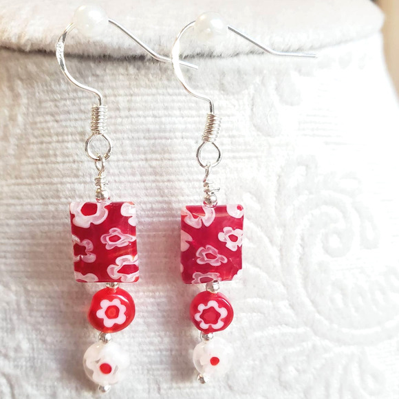 Beaded Millefiori Earrings Red with White Flowers and Silver Tone Hooks Handmade - Picture 1 of 3